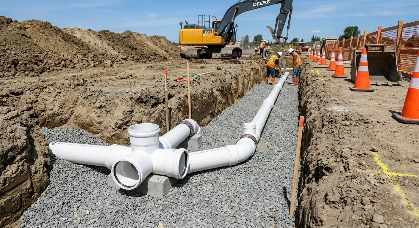 New PVC sewer pipe installation in open trench for Grease Trap Cleaning in Rohnert Park