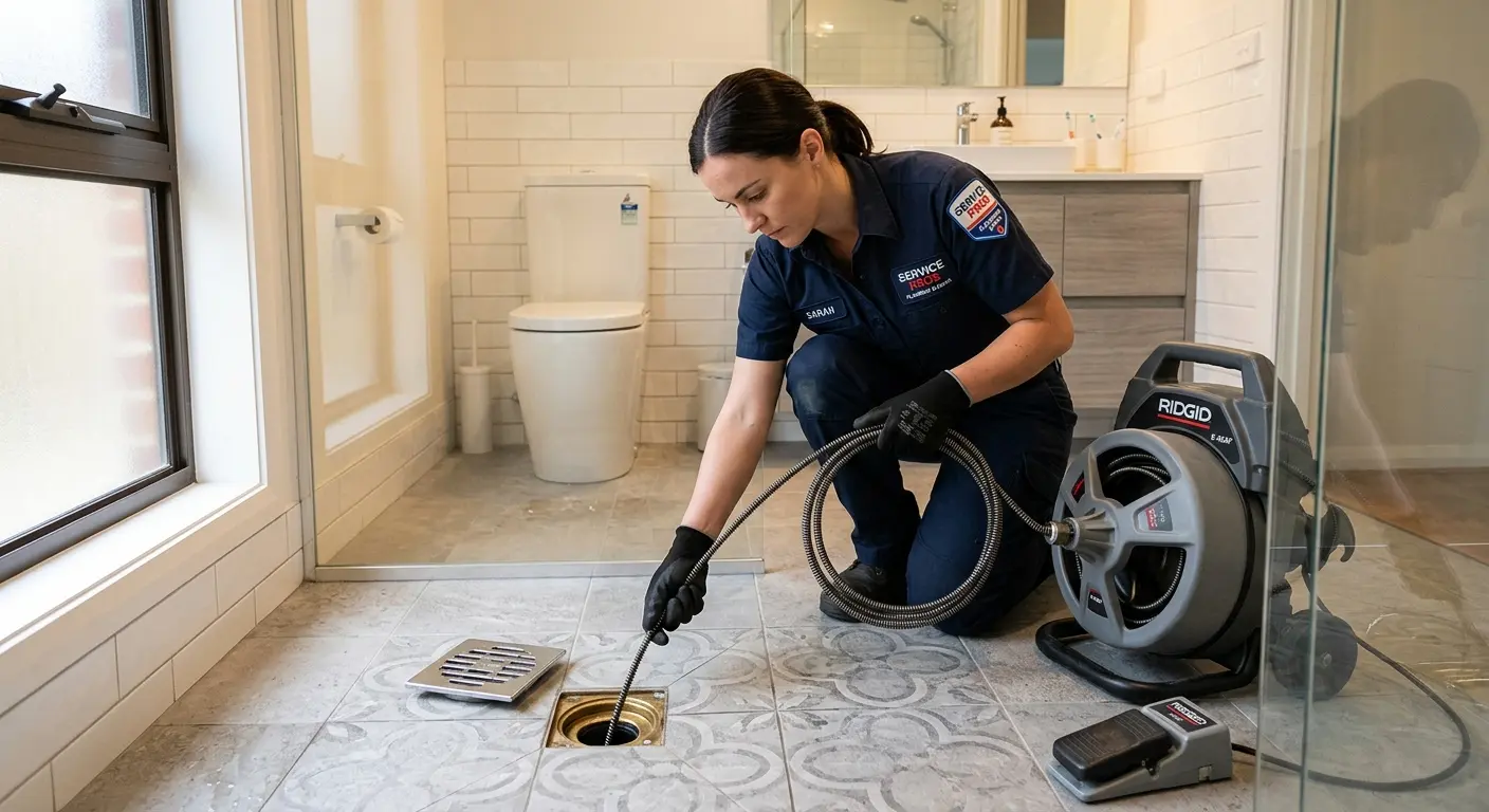 Technician clearing a bathroom floor drain for Drain Cleaning in Rohnert Park